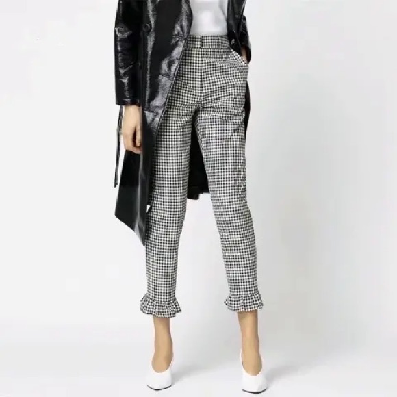 Topshop Black and White Gingham Pant Size 4 Ruffled Hem - Picture 2 of 7